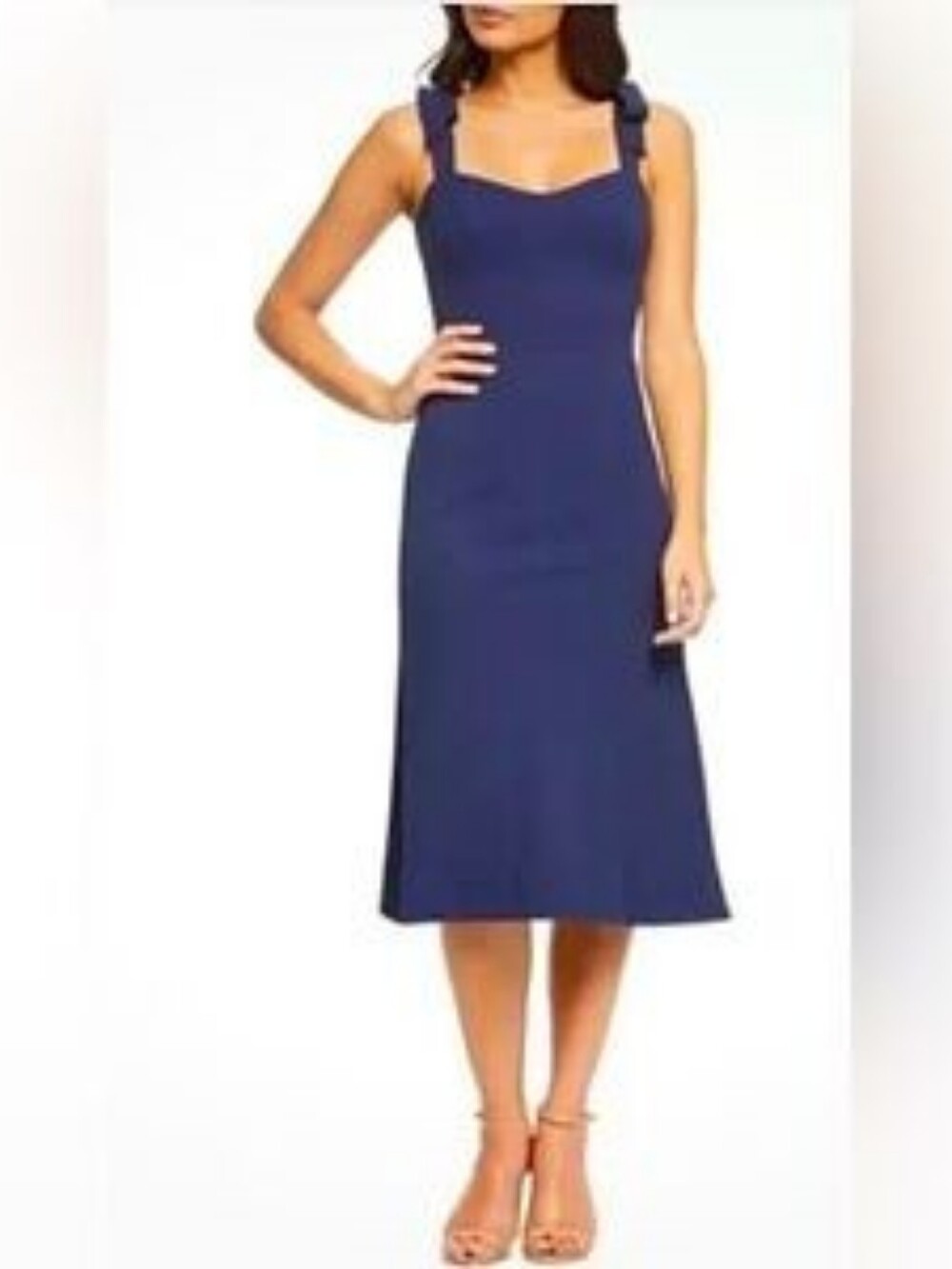 Dress the Population Hana Navy Tie Shoulder Fit Flare Midi Cocktail Dress Size S